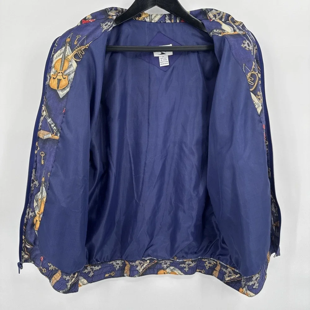 VTG Silk Road 100% Silk Track Jacket Women's M Musical Instruments Abstract  80s